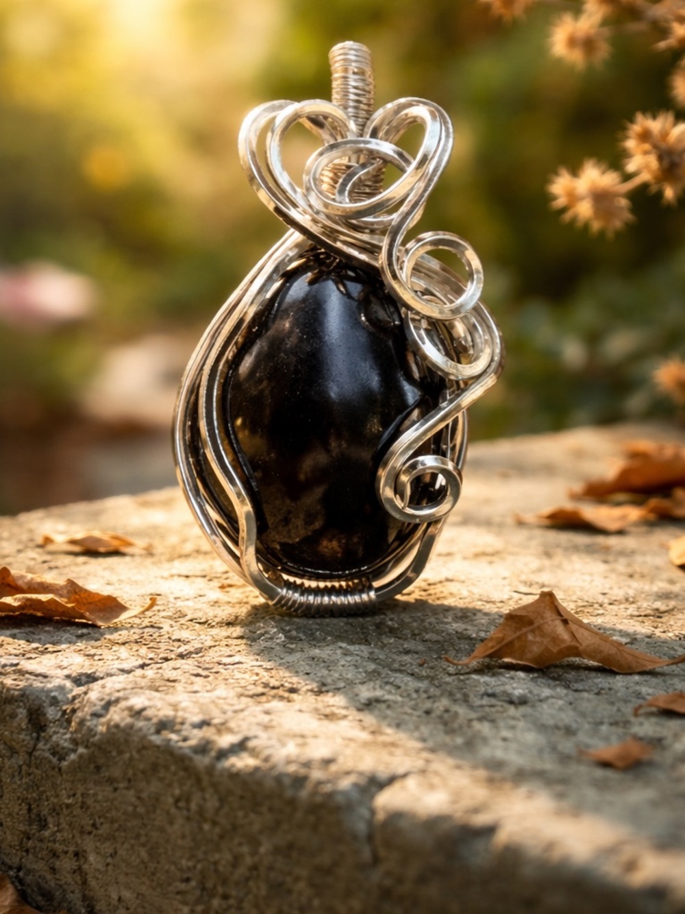 Handmade Pendant - Silver Wire-wrapped Apache Tear From Superior Arizona